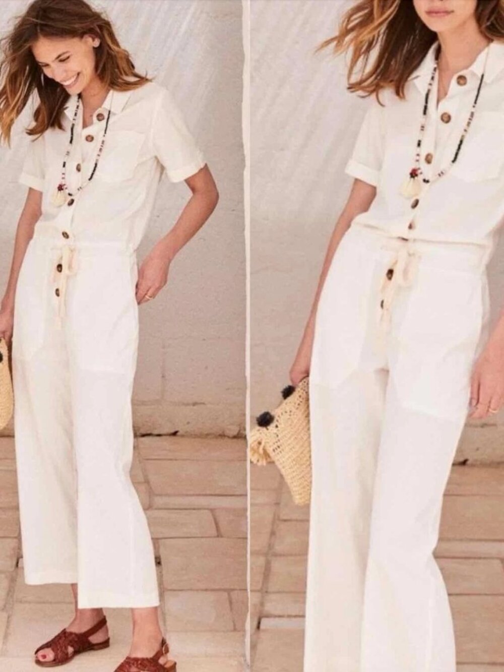 Sezane Bennie Jumpsuit Size 34 / US 2 Cream / Yellow Short-Sleeve Button-Front